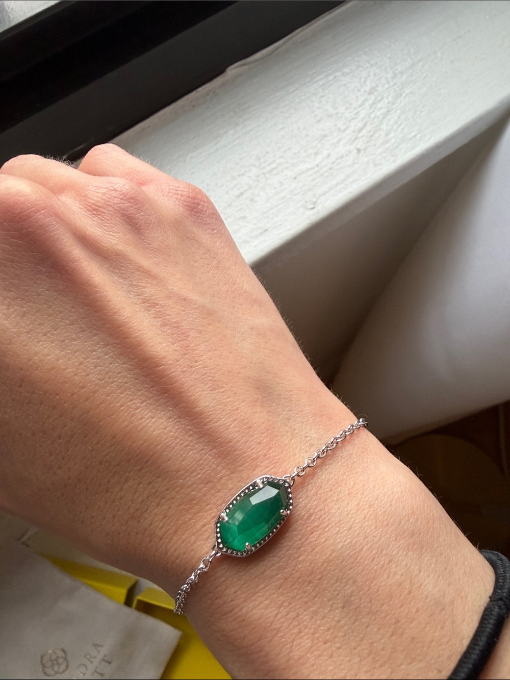 Kendra Scott Silver Adjustable Bracelet with Emerald Green Stone - Picture 2 of 5